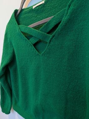 Emerald Green V-Neck Sweater with Crisscross Detail